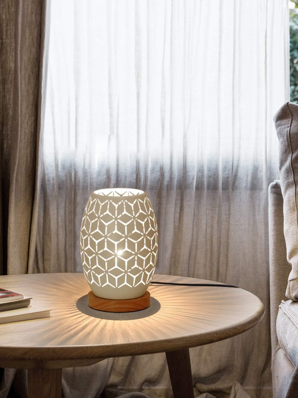 HHMTAKA Metal Lampshade Bedside Table Lamp Wooden Base Bedroom Lamp Decorative Bedside Lamp with Edison Bulb for Bedroom Home Weddings Parties Patio Indoor Outdoor (Geometrical Shape) - Image 5