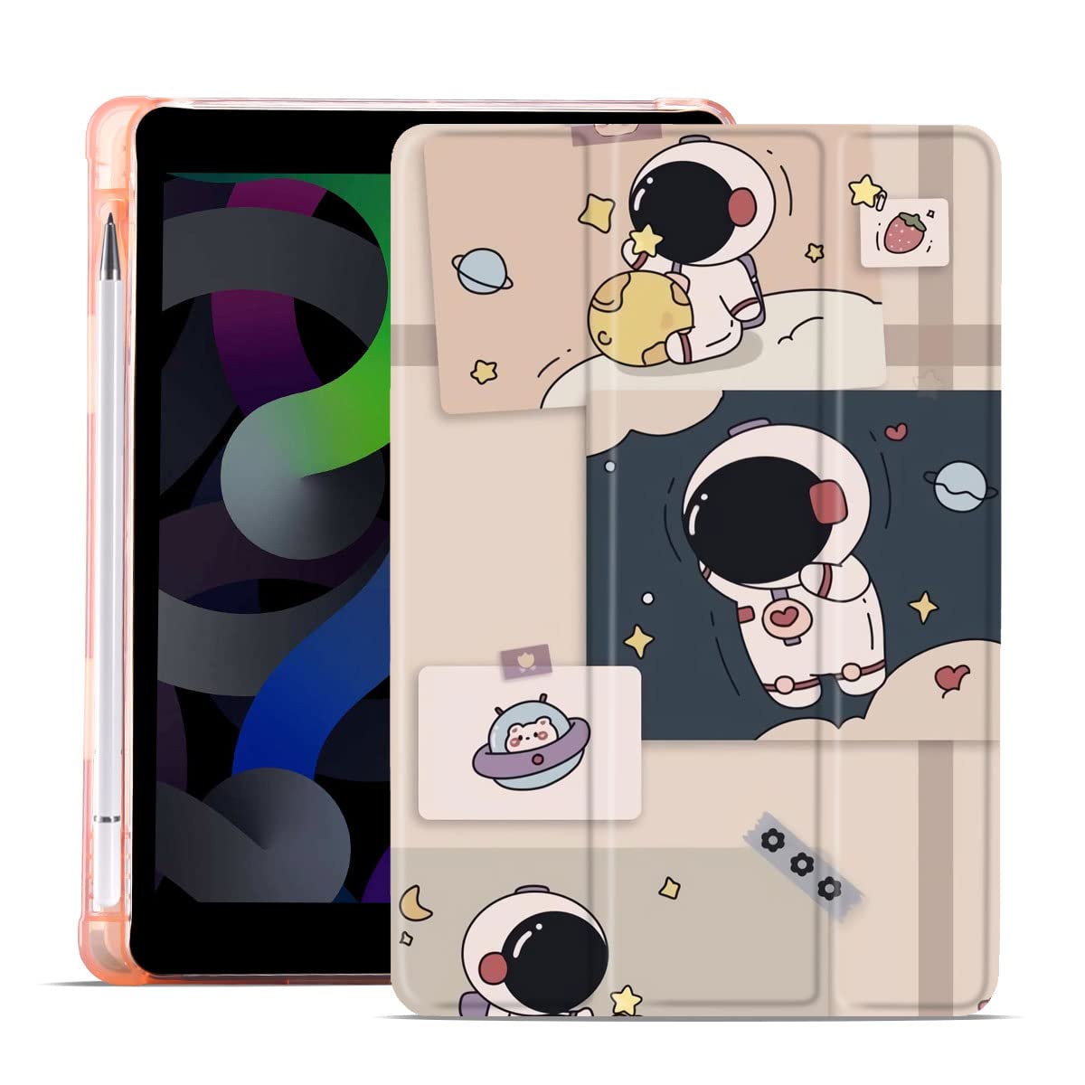 MAYCARI Cartoon Astronaut iPad Pro 12.9 Inch Case 2021/2020/2018, Cute With Pencil Holder, Auto Sleep/Wake, Pink Soft TPU Back Protective for Girls Women Men
