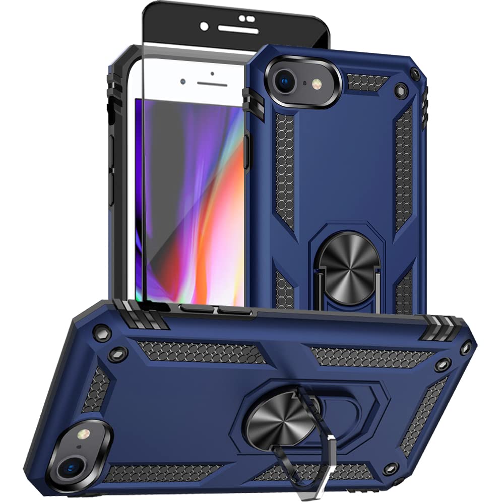 Photo 1 of Aozuoton for iPhone SE Case 2022/2020/3rd/2rd: iPhone 8/7 case with HD Screen Protector, [Military Grade 16ft. Drop Tested] Ring Shockproof Protective Phone Case for iPhone 8/7,Blue