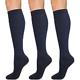 KONY Women's Cotton Knee High Socks, 3 Pairs Solid & Striped Casual Dress Socks, Breathable, Moisture Wicking, Shoe Size 5-10