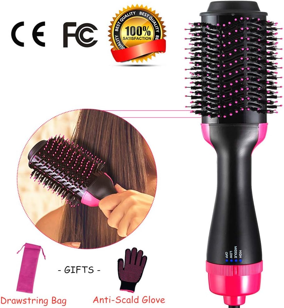 3 in 1 Hair Dryer & Volumizer, One Step Negative Ion Curler & Hair Straightener, Hot Air Brush Comb Professional Anti-Scald with Rose Red Drawstring Bags & Gloves