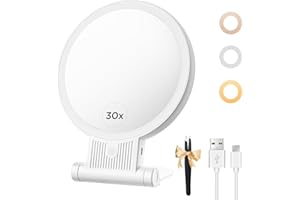 tubbede 1X/30X Lighted Makeup Mirror with Magnification, Double-Sided Switch, 3-Color Lights, 2000mAh Rechargeable, Adjustable Brightness, Makeup Mirror with Lights for Vanity Table or Bathroom