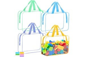 4 Packs Extra Large Toy Storage Bags with Zipper, Reusable Clear Plastic Toy Organizer Bag with Labels for Blocks, 11.8″×8.6″