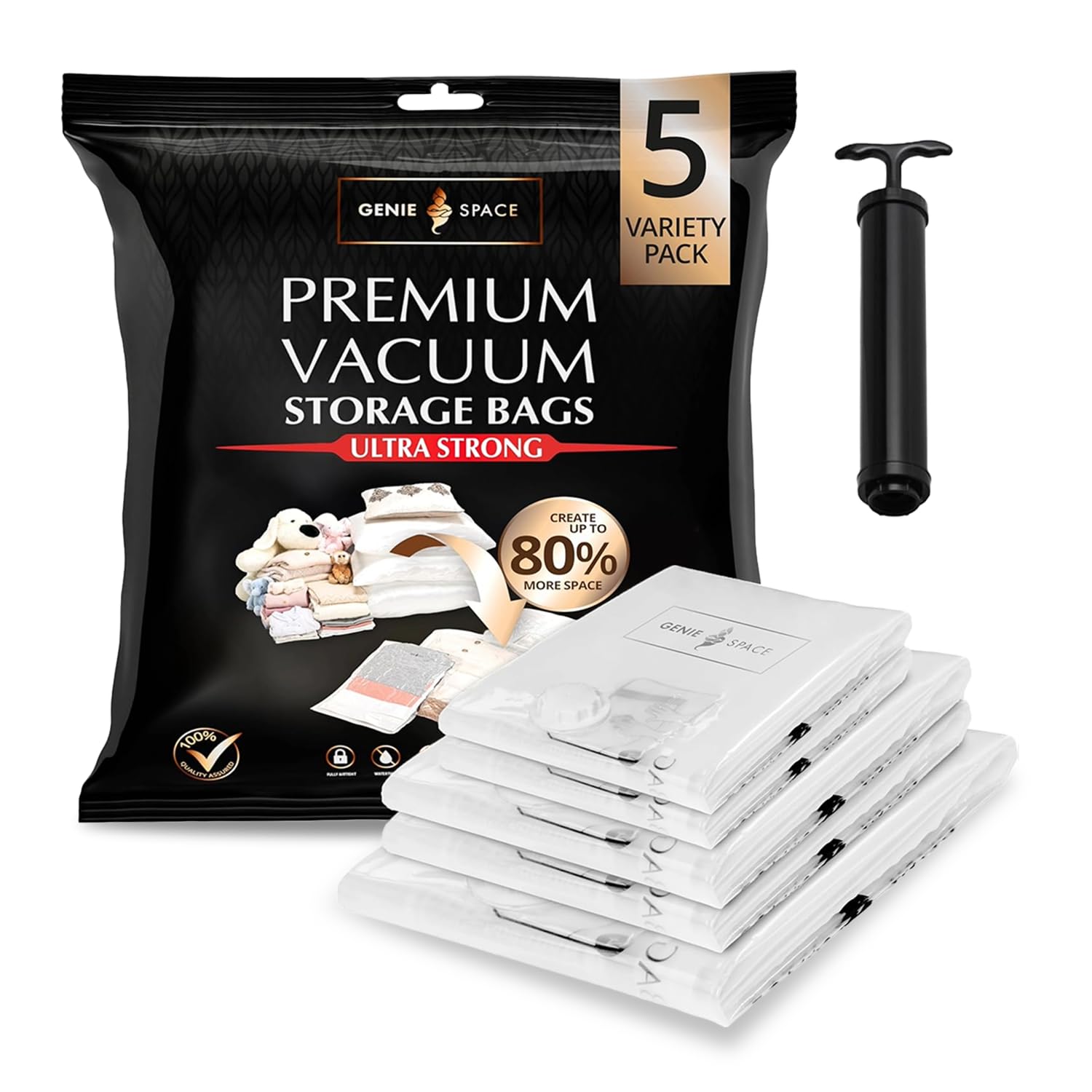 GENIE SPACE Premium Vacuum Storage Bags for Clothes, Bedding and Travel, Variety 5-Pack (1 Maxi + 2XL + 2L), Airtight, Reusable and Odour-Proof Space Saver Bags with Double Seal and Travel Pump