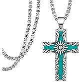 Hantuorui Turquoise Cross Necklace 925 Sterling Silver Feather Western Cross Necklace Vintage Native American Jewelry Gifts for Men Women