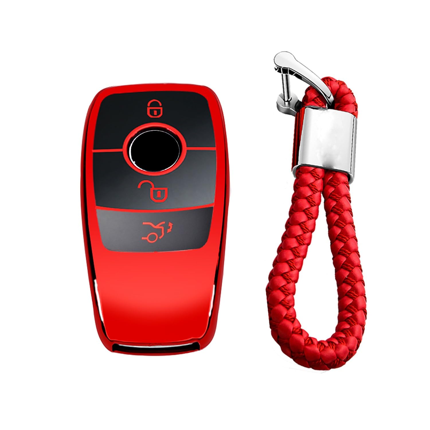M.JVisun Soft TPU Case Cover Protector Car Remote Key Fob Case For Mercedes-Benz 2019-2022 A Class C Class G Class 2017-2022 E Class 2018-2021 S Class Fob Remote Key - Glossy Red - Braided Keychain