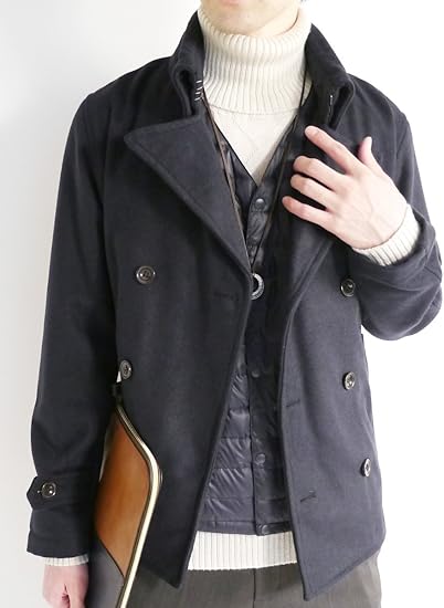 Amazon モノマート Mono Mart ウール メルトン Pコート ピーコート ナポレオン コート 起毛 アウター 暖かい デザイン メンズ ネイビー Mサイズ コート ジャケット 通販