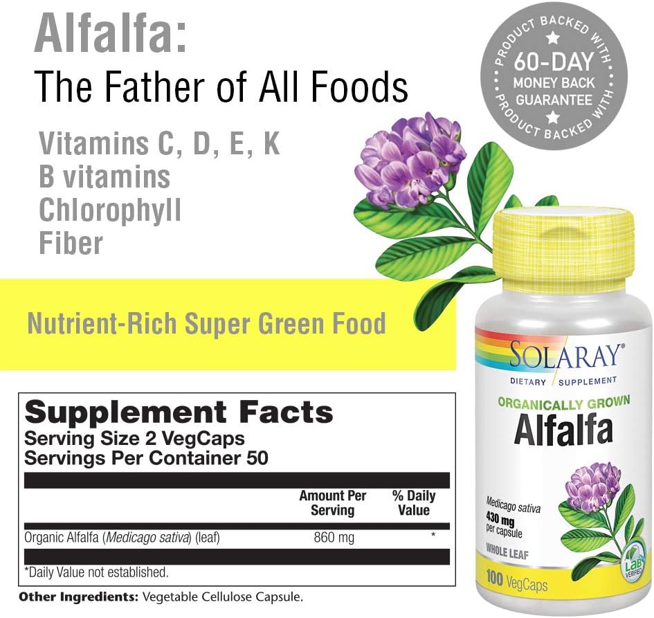 Solaray Organically Grown Alfalfa Leaf 430mg | Vitamin-Rich Superfood w/Fiber & Chlorophyll | Supports Healthy Blood, Kidneys & Digestion | 100ct: Health & Personal Care