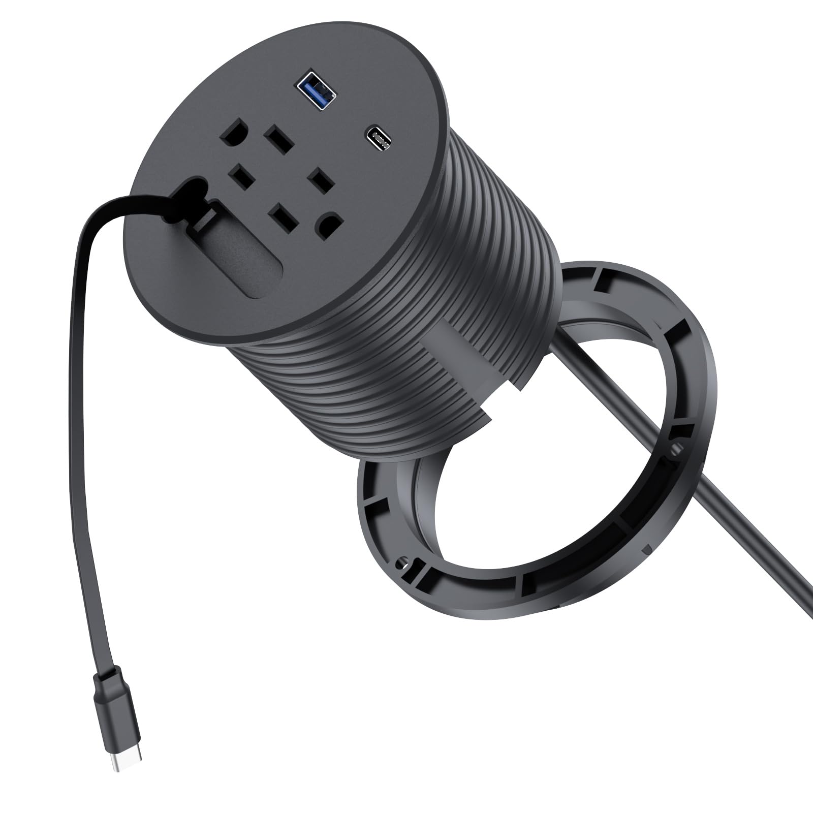 Photo 1 of 3 inch Desk Power Grommet with1 Retractable USB C Cables (1.2ft),Recessed Power Grommet PD 20W USB-C&USB-A&2AC Outlet,Desktop Outlet 6.6 Ft Extension Cord for Conference Rooms, Desktop Accessory.