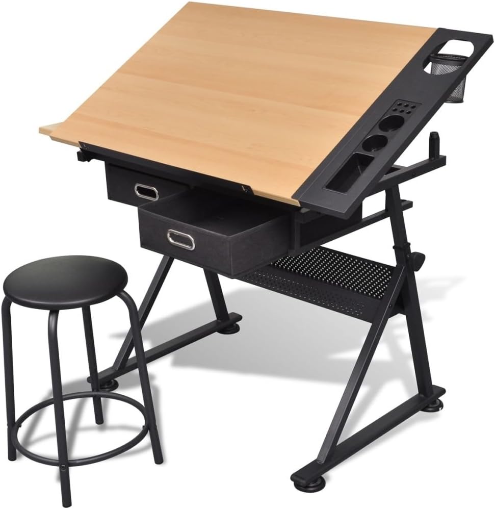 yorten Drawing Table Adjustable Height Tiltable Tabletop with Stool and 2 Drawers for Drawing Crafting or Drafting 118 x 62 x 68.5-106 cm