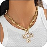 Gold Chunky Cross Necklace for Women Pearl Cross Pendant Necklace Statement Necklaces Vintage Pearl Necklace Jewelry