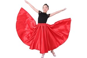 SNOWAQUA Girls Satin Full Circle Long Dance Skirt Ankle Length Shiny Satin Swing Skirt for Girls 8-12 Years Belly Dance Long Skirt