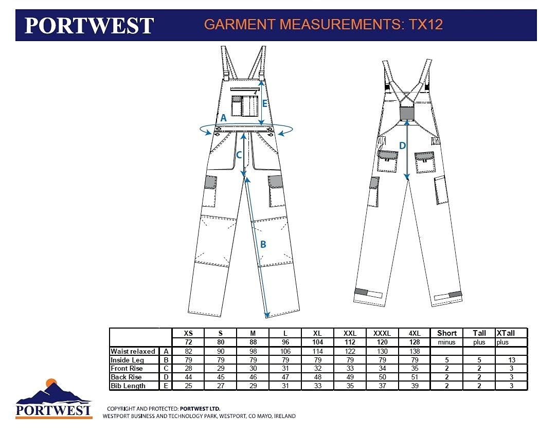 Portwest TX12 Men's Texo Contrast Bib and Brace Work Overalls Workwear Dungarees with Storage Knee Pad Pockets Adjustable Fit Elasticated Back - Image 3