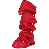 Accloris Mid Calf Boots For Women,Fold Over Slouchy Platform Dress Chunky Stacked Round Toe Glitter Metallic Boots