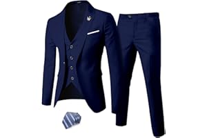 YND Men's Slim Fit 3 Piece Suit Set, One Button Solid Blazer Vest Pants with Tie