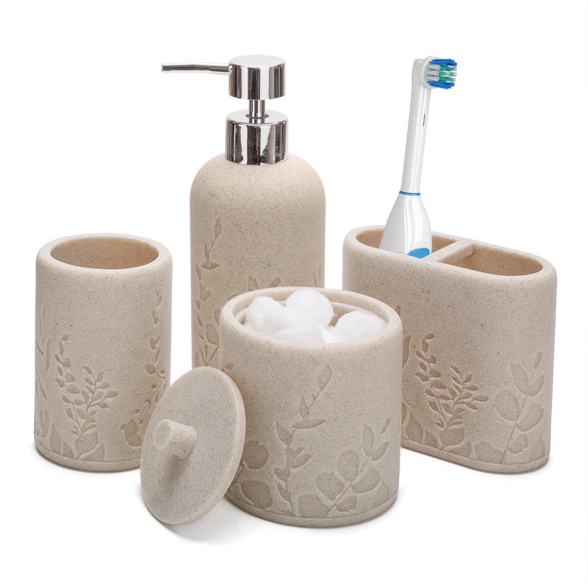 Photo 1 of ***MISSING PARTS***
Aksipo Beige Bathroom Accessories Set, 4 Pcs Sturdy Resin Bathroom Accessory Set, Hand Soap Dispenser, Toothbrush Holder Set, Tumbler, Qtip Holder Dispenser, Stylish & Modern Bathroom Decor Set