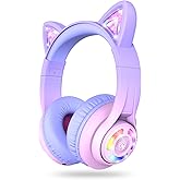 iClever Cat Ear Kids Bluetooth Headphones, LED Lights Up, 74/85dBA Volume Limited, 50H Playtime,Bluetooth 5.2, USB C, Kids Headphones Wireless for Travel iPad Tablet, Meow Macaron-Gradient Pink