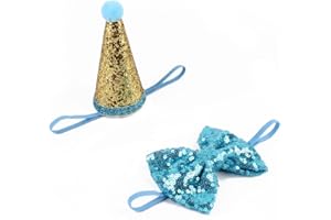 Stock Show Pet Cute Birthday Party Cone Hat and Bow tie Collar Set with Adjustable Headband and Pom-poms Topper for Small Medium Dogs Cats Pets, Blue