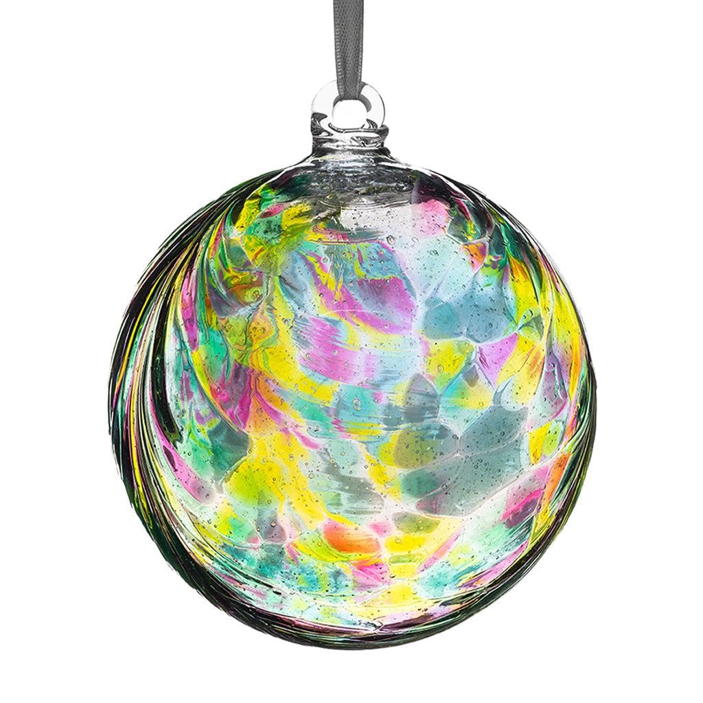 Sienna Glass 10cm Hanging Friendship Ball – Handcrafted Multicoloured Mouth-Blown Glass Ornament with Feather Design – Unique Gift Boxed Decoration for Windows, Gardens, Memorials, Birthdays