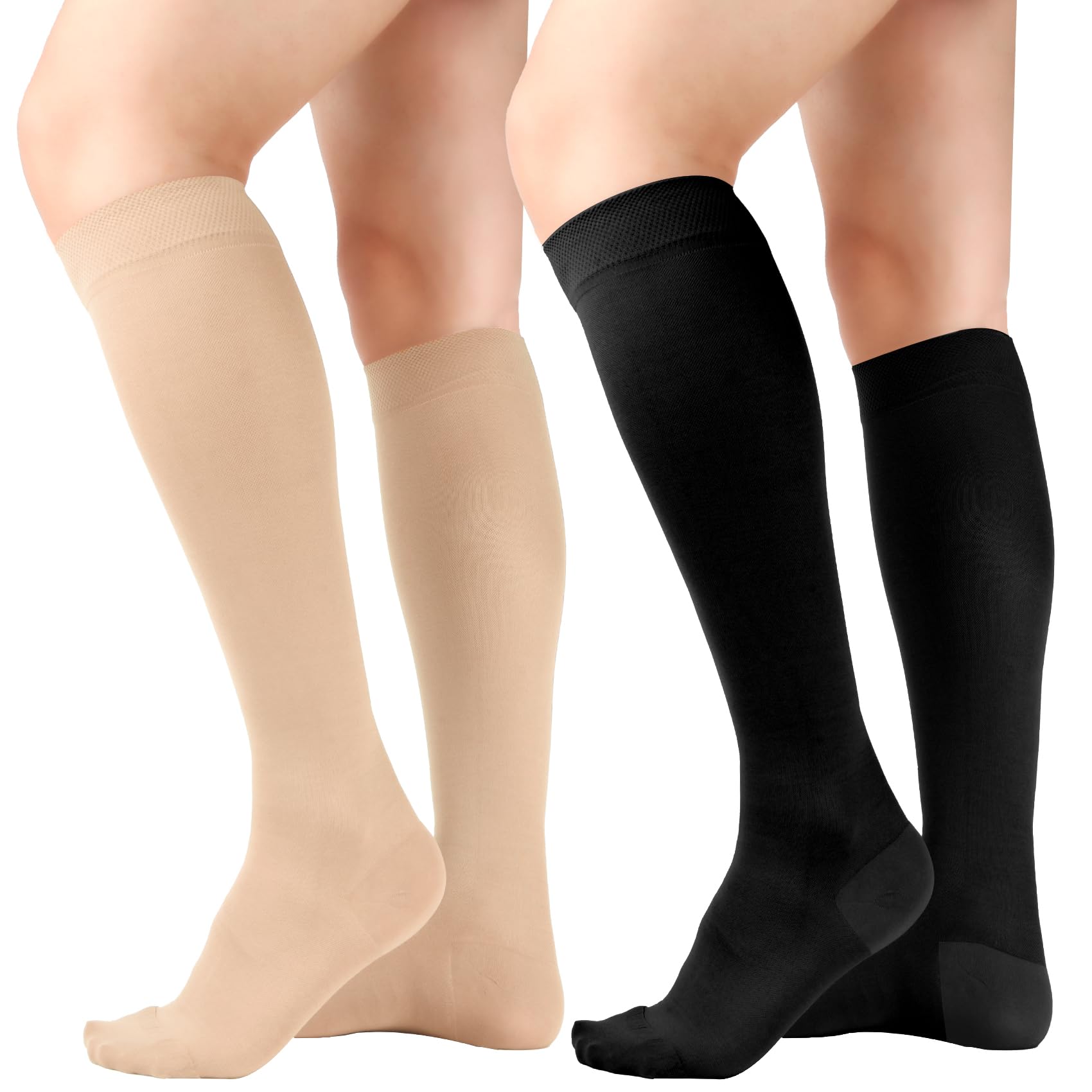 Photo 1 of +MD 2 Pairs 15-20 mmHg Medical Compression Socks for Men/Women, Lightweight Opaque Knee High Support Stockings, Beige/Black,L