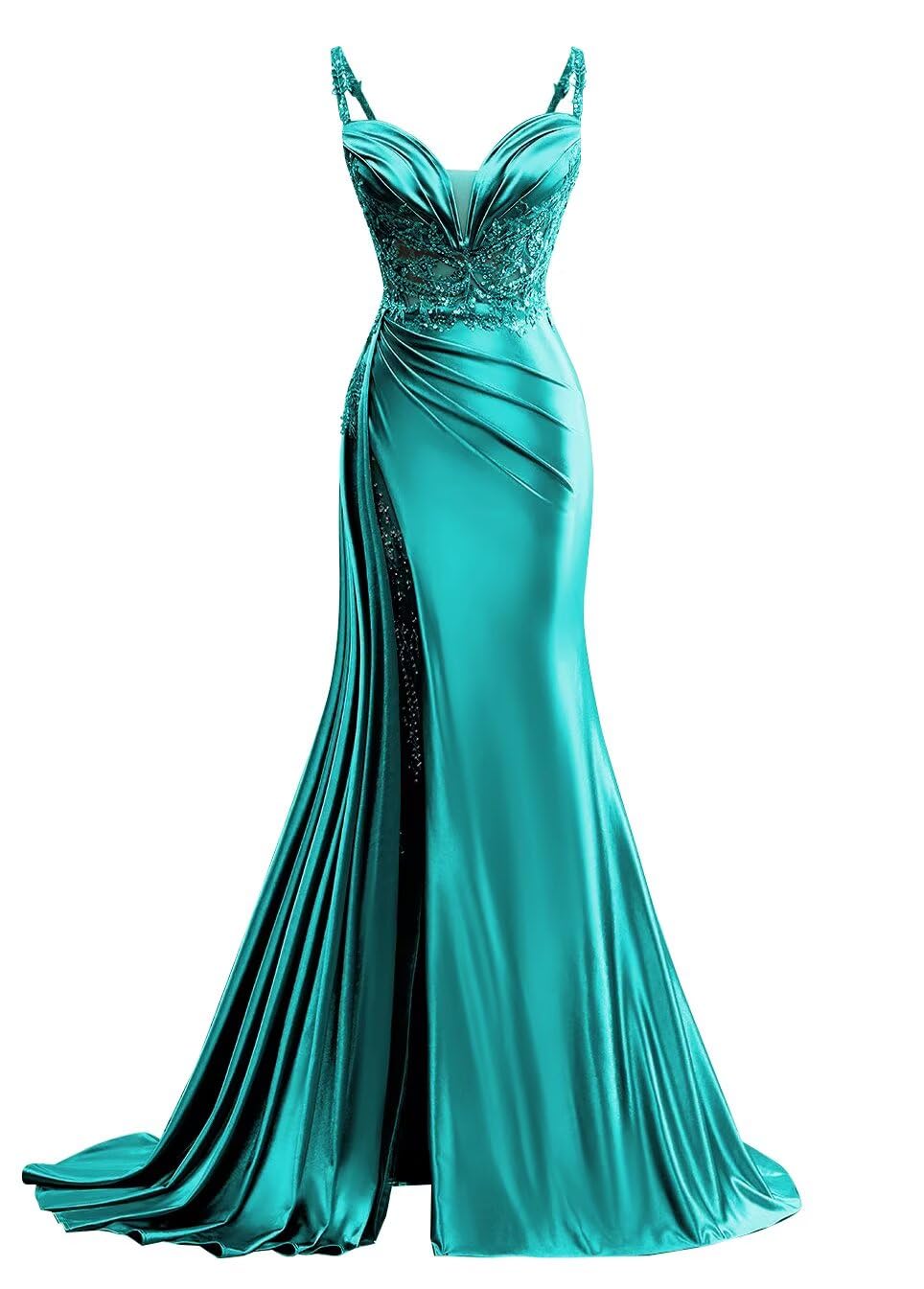 Photo 1 of SEE PICTURES...........V Neck Satin Prom Dresses Long Mermaid Lace Evening Gown with Slit Pleated Bodycon Formal Dress with Tail Teal Size 4 minor stains  BLUE