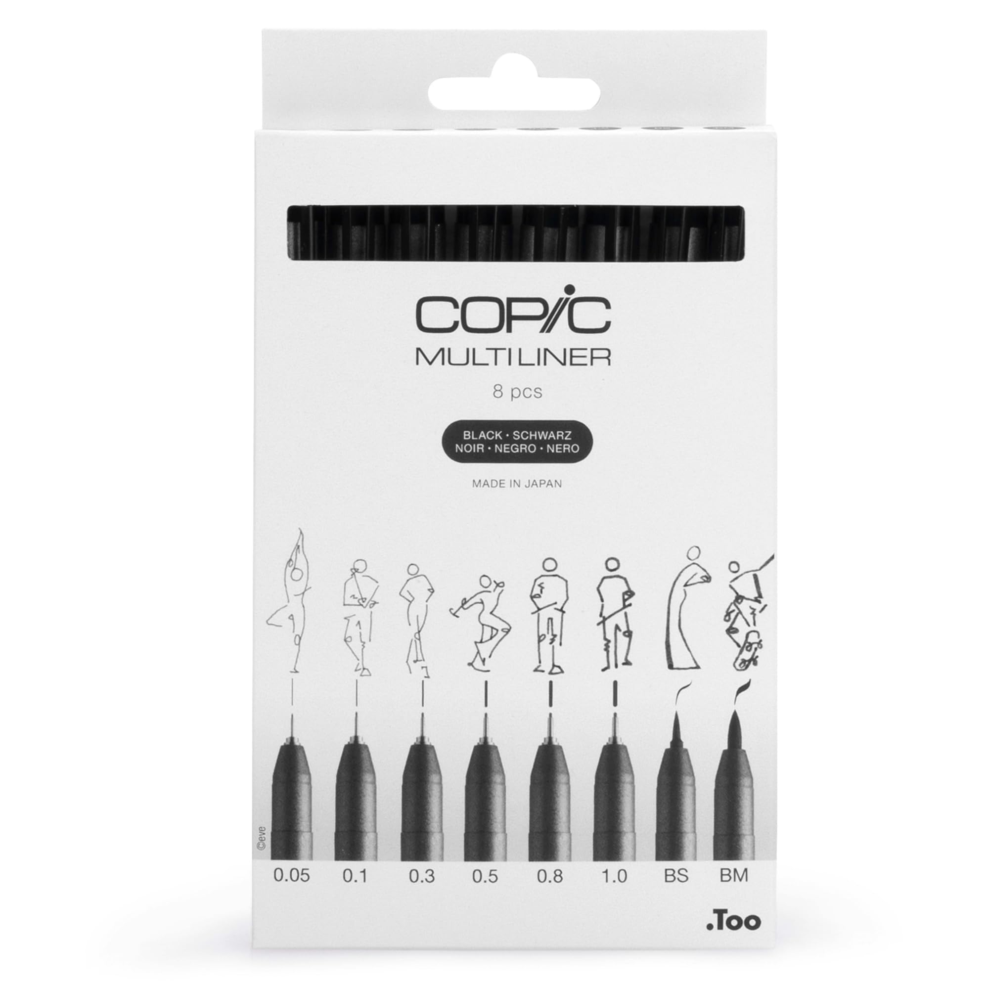 Copic Multiliner, Black, Set Of 8, Black, For Art & Crafts, Colouring, Graphics, Highlighter, Design, Anime, Professional & Beginners, Art Supplies & Colouring Books