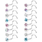 CrazyPiercing 16pcs Hypoallergenic Nose Rings Colorful Cubic Zirconia 20G Steel Screw Nose Rings Studs Bar Pin Piercing Jewelry for Women Men