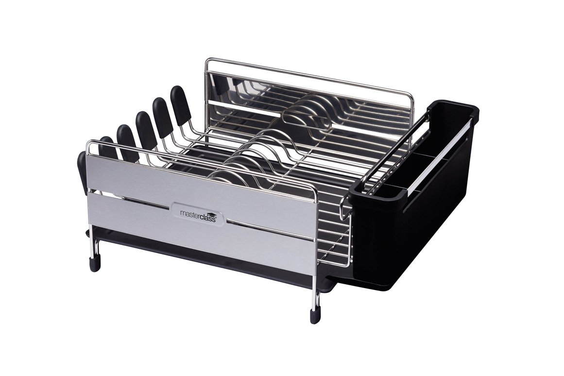 MasterClass Anti-Rust Dish Drainer Rack, Draining Board Washing Up Plate Stand for Plates, Crockery, Cutlery with Drip Tray, Stainless-Steel, 44.4 x 33.8 x 19.4 cm - Silver