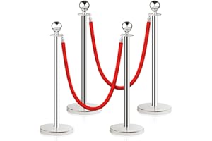 DMSKY Stainless Steel Stanchion Post Queue,5 ft Red Velvet Rope Red Carpet Ropes and Poles Crowd Control Barriers,Sand Injection Hollow Base and Velvet Ropes Set for Party Supplies (4 Pieces, Silver)