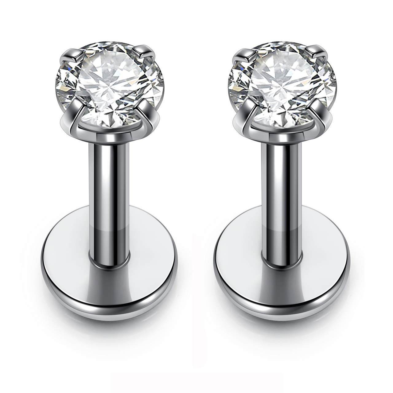 PiercingJ 2-4pcs 16g 316L Stainless Steel 3mm Cubic Zirconia Labret Monroe Lip Ring/Tragus/Helix Earring,6-12mm Bar Length