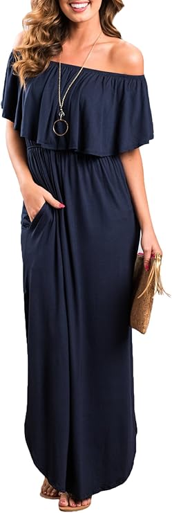 Womens Off The Shoulder Ruffle Party Dresses Side Split Beach Maxi Dress Navy L best women's sundresses