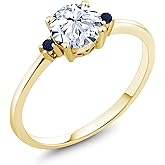 Gem Stone King 10K Yellow Gold White Created Sapphire and Blue Sapphire Solitaire Engagement Ring For Women (1.03 Cttw, Round 6MM, Gemstone September Birthstone)