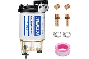 KOFIL S3213 Fuel Water Separator Marine Assembly, for Outboard Motor Marine Engine, with 2 3/8" Barb × 1/4" NPT Fittings 2 Plugs 2 Hose clamps,10 Micron, Replaces# 35-60494-1 18-7932-1 35-809097