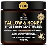 INFINA ESSENTIALS Beef Tallow for Skin with Raw Honey – Grass Fed Beef Tallow Face & Body Moisturizer - Balm Style Hydrating Cream with Beeswax & Olive Oil for Dry Skin, Hands & Feet – 4.4 oz