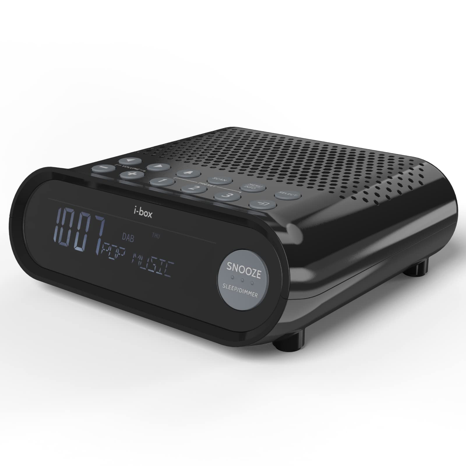 i-box DAB Radio Alarm Clock, Alarm Clocks for Bedside, Dual Alarm Clock, Mains and Battery, 3W Speakers, USB Charging Port, LCD Display Clock Radio (Black)