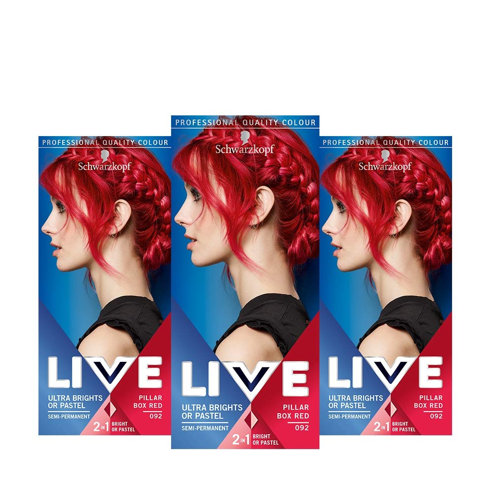 Schwarzkopf LIVE Ultra Bright or Pastel Red Hair Dye, Pack of 3, Semi-Permanent Colour lasts for up to 15 washes - 092 Pillar Box Red