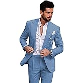 Mens Linen Suits 2 Piece Slim Fit Outfit for Summer Mens Suits for Beach Wedding Prom Suit Blazer Pants Set