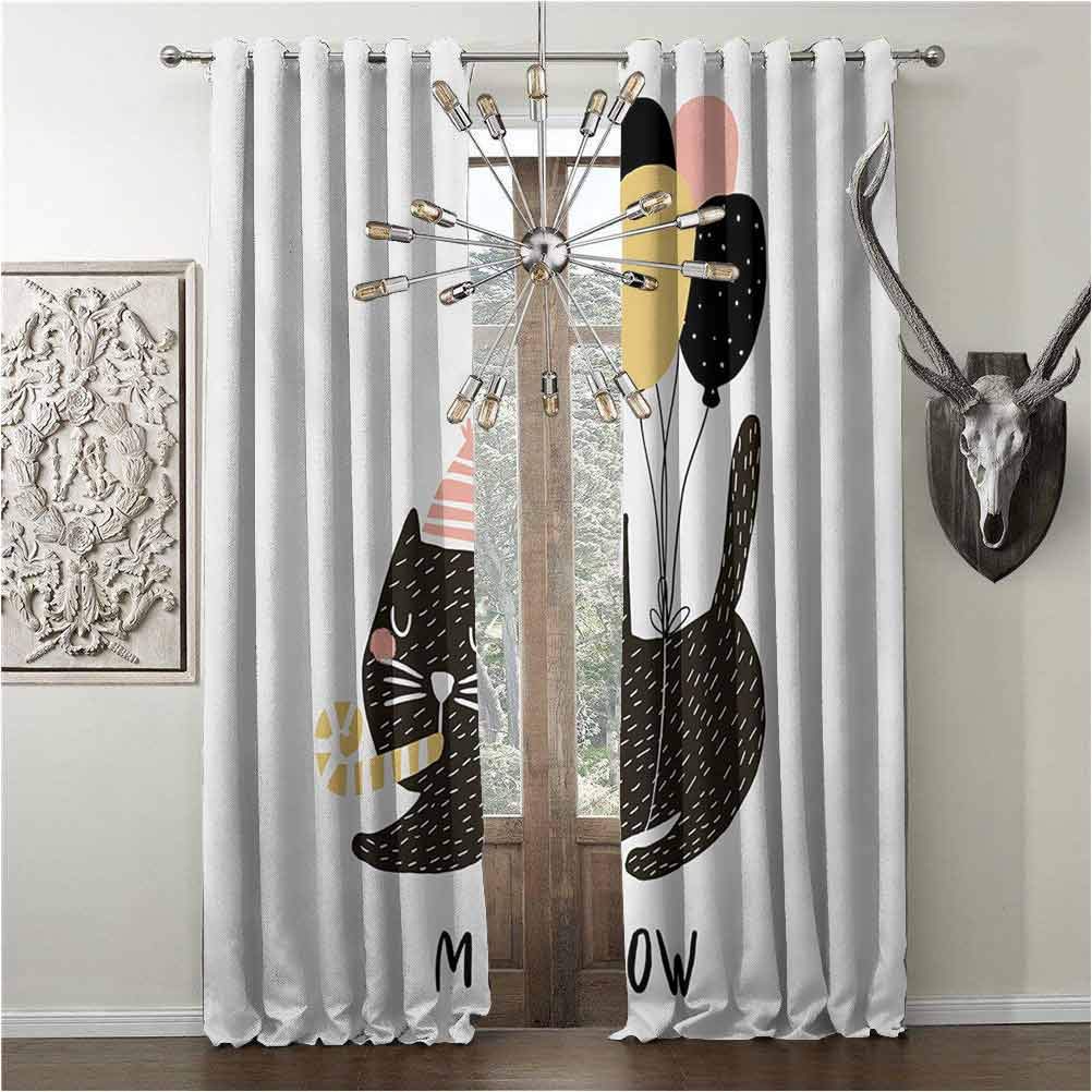 Creature Design Soundproof Shade, Cat, blackout curtain panel, Birthday Party Feline with Balloon and Hat Hand Drawn Festive House Pet, W108 x L108 Inch, Pale Pink Pale Brown Black, Thermal Insulated