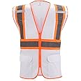 SULWZM High Visibility Reflective Safety Vest with Zipper and Pockets White,M