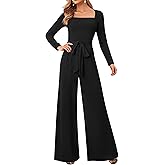 LOOKBOHO Jumpsuits For Women Dressy Long Sleeve Square Neck Casual Belted Wide Leg Long Pants Romper One Piece Outfits