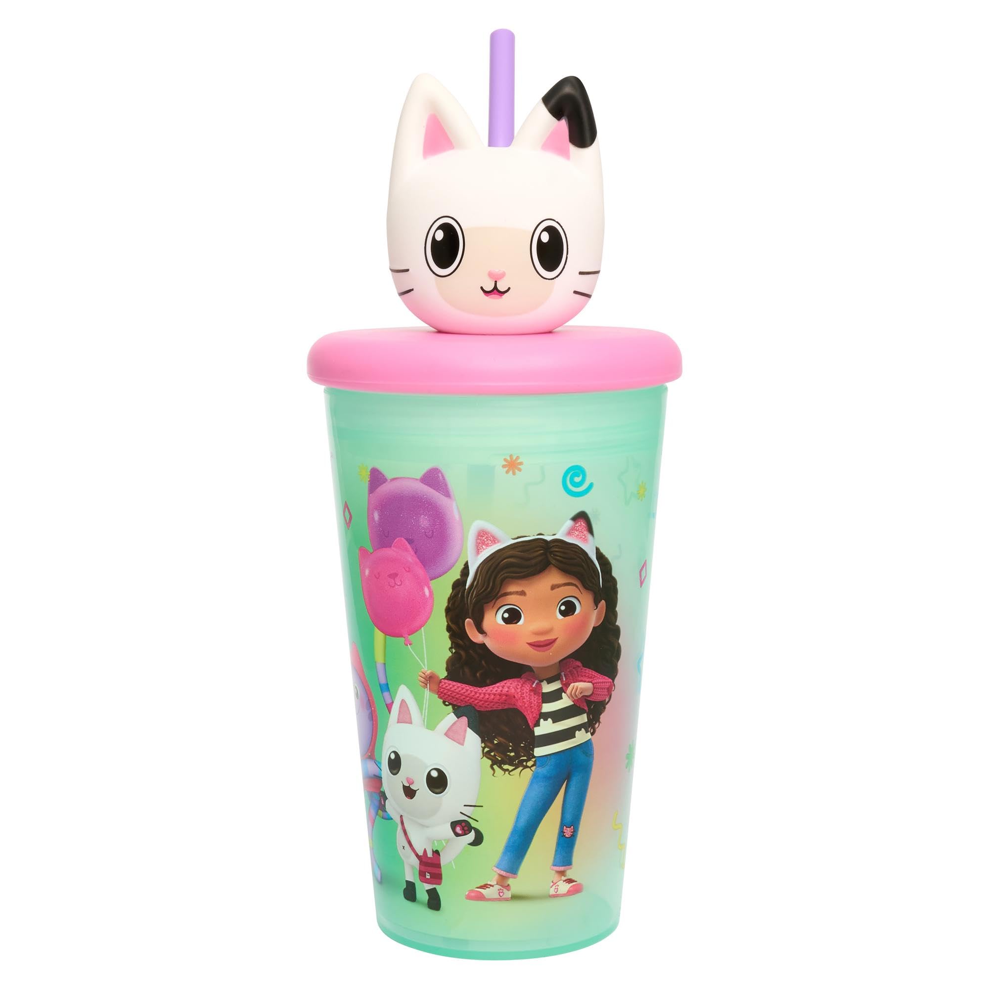 Gabby's Dollhouse Rainbow 3D Tumbler for Kids, 444ml with Pandy Paws Head, BPA-Free Children's Drinkware, Green & Pink