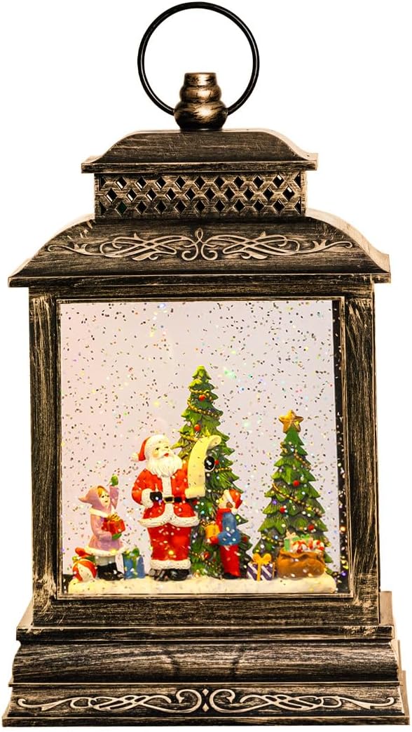 Snow Globes - GOOSH Christmas Snow Globe Lantern with LED Swirling Water Glitter Retro Santa Claus with Kids Xmas Musical Lantern Decoration 6H Timer for Christmas Home Décor and Gifts
