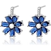 Vintage Silver Flower Birthstone Earrings - Hypoallergenic Dangle Drop Floral Earrings with Pearl, Trendy Birthstone Crystal Jewelry Gift for Women
