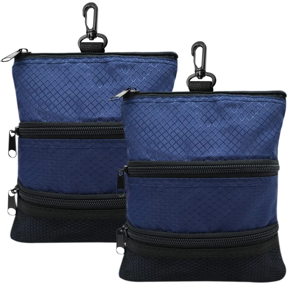 AMRTA Golf Pouch Bag Pocket Value 2 Pack Golf Tee Bag Pouch with Plastic Clip, 3-layer Zipper Golf Bag Accessories Golf Ball Pouch (Navy Blue)
