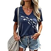 Hawaiian Sea Turtle T Shirt for Women Summer Beach V-Neck Funny Turtle Graphic Tee Shirts Vacation Casual Loose Tops,Blue