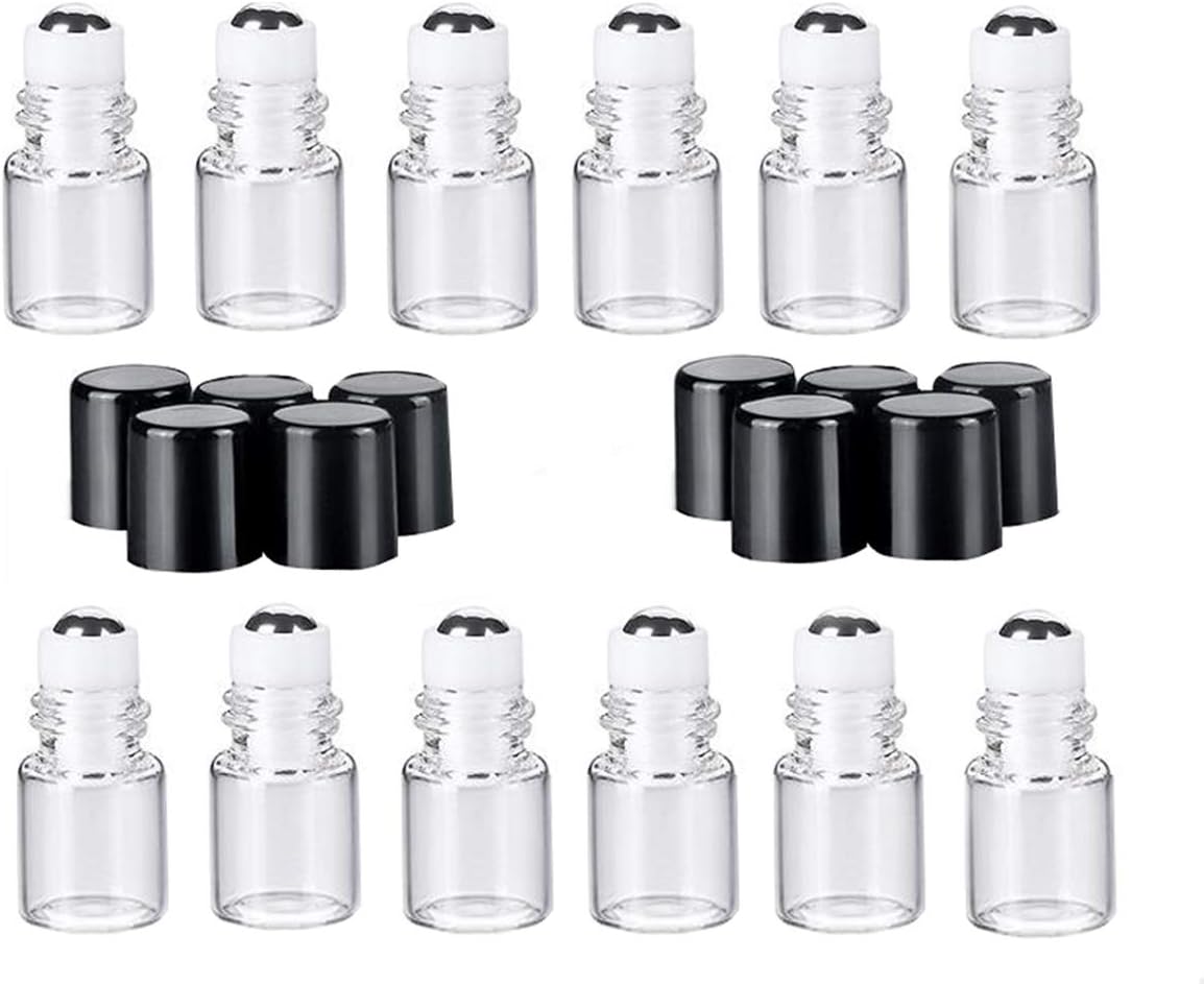 12 Pcs 2ml Mini Clear Glass Roll-on Bottles Empty Refillable Essential Oil Glass Roller Ball Bottle Perfume Lip Gloss Cosmetic Sample Vials Container with and Black Cap