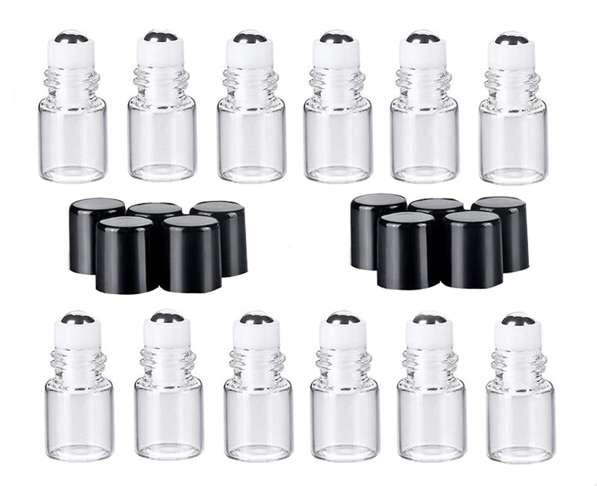12 Pcs 2ml Mini Clear Glass Roll-on Bottles Empty Refillable Essential Oil Glass Roller Ball Bottle Perfume Lip Gloss Cosmetic Sample Vials Container with and Black Cap