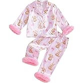 Kavousa Little Kids Girls Pajamas Easter Toddler Baby Silk Satin Pjs Bunny Button Down Shirt Long Pants Sleepwear
