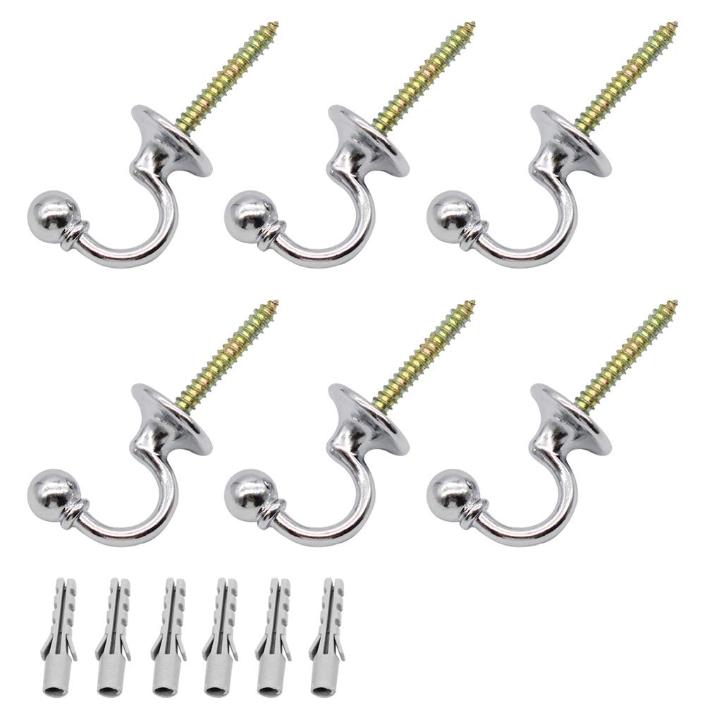 YGSAT 6 Pack Curtain Hooks Curtain Tie Back Hooks Chrome Ball End Curtain Drapery Hold Back Tie Back Hooks for Keys Clothes Coat Hanger Hook Silver with Rawl Plugs