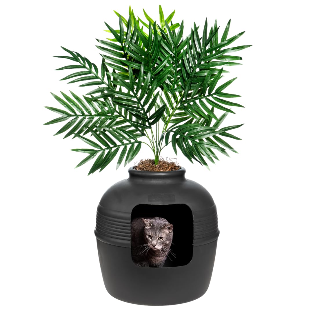 Photo 1 of ****MISSING TOP PIECE THAT PLANT RESTS ON / BOTTOM PIECE HAS MINOR DAMAGES CHIPPED**** Good Pet Stuff Hidden Litter Box Planter, Decorative Cat Litter Enclosure with Carbon Filter, Artificial Plant, Easy Clean, Indoor Design, Original Round Style, Base Ki